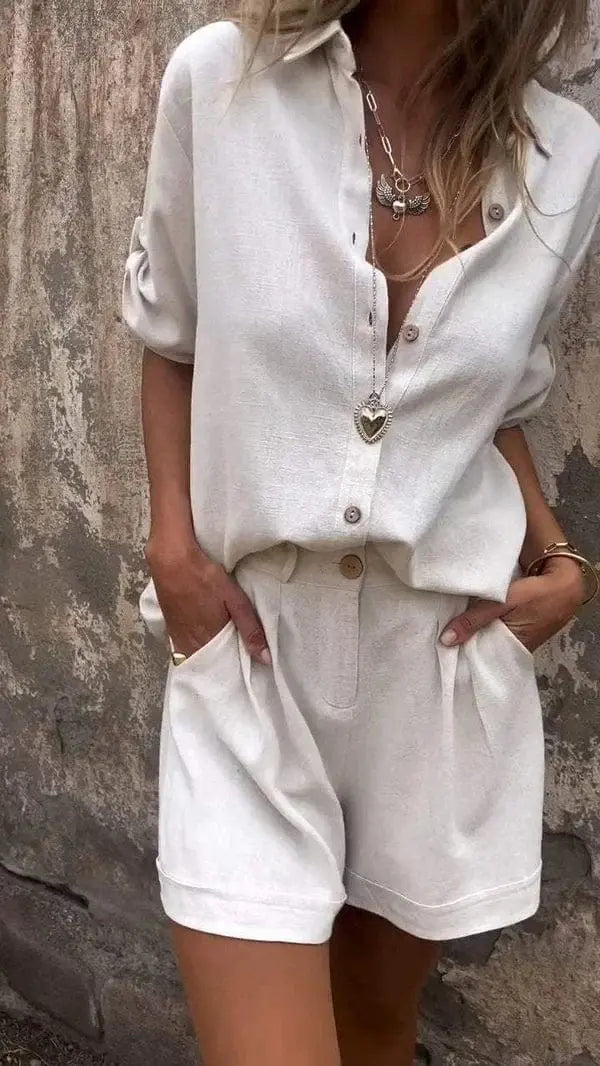 Zweiteiler Set Damen | Leinen-Hemd & Shorts im Sommer-Look