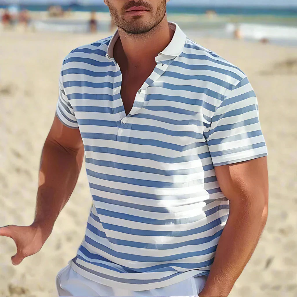 Herren Klassisch Streifen Knopfleiste Poloshirt