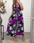 Bless | Damen Maxi Kleid Ärmellos Blumendruck V-Ausschnitt Sommer