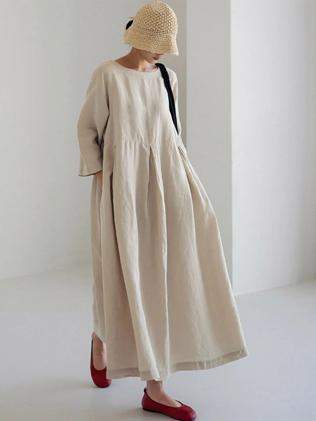 Damen Sommer Langarm Leinen Maxikleid