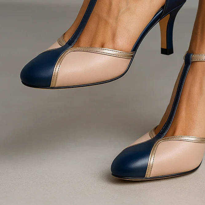 Damen Sommer Absatz Vintage Pumps mit T-Riemchen