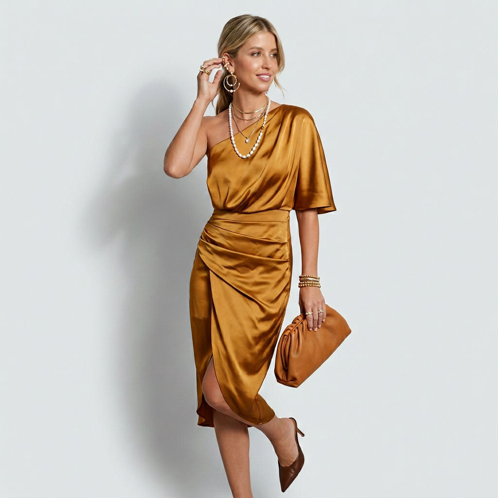 Abendkleid im Midi-Schnitt mit One-Shoulder aus Satin