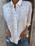 Clara | Damen Bluse Weiß mit Spitze ¾ Arm Knopfleiste