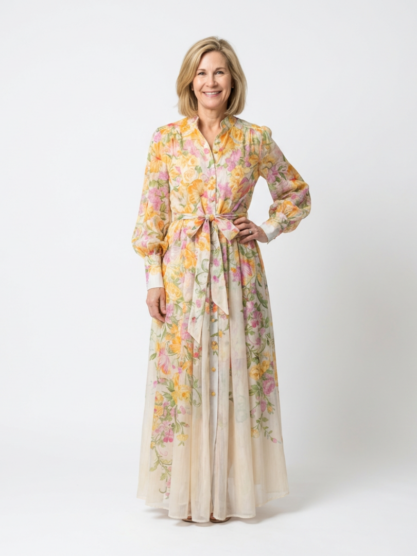 Adelheid | Damen Blumen Maxikleid mit Langarm