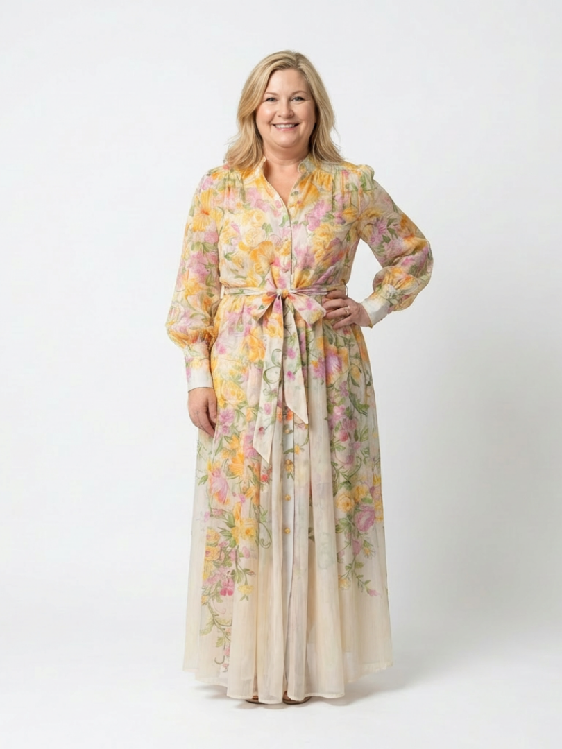 Adelheid | Damen Blumen Maxikleid mit Langarm