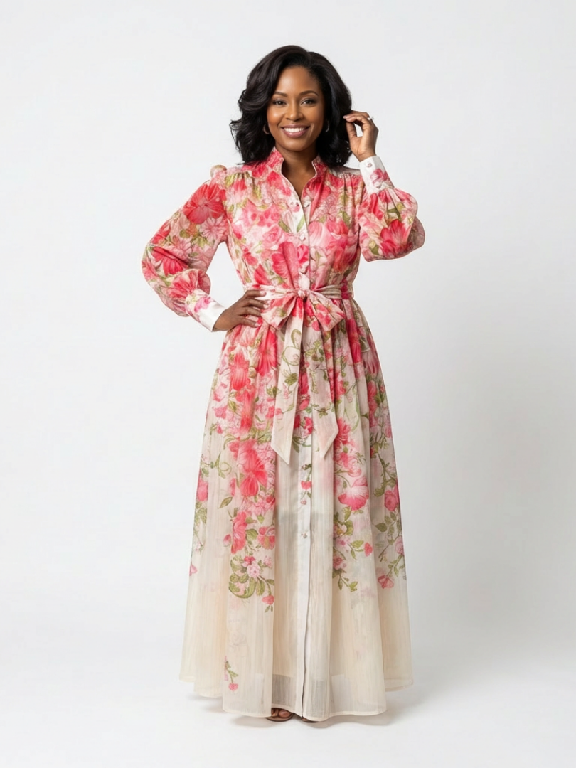 Adelheid | Damen Blumen Maxikleid mit Langarm