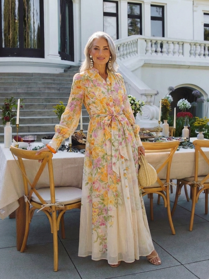 Adelheid | Damen Blumen Maxikleid mit Langarm