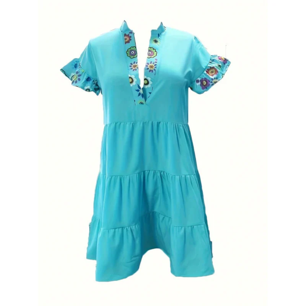 Alessandra | Damen Sommerkleid Mini Boho Blau Rüschen Design