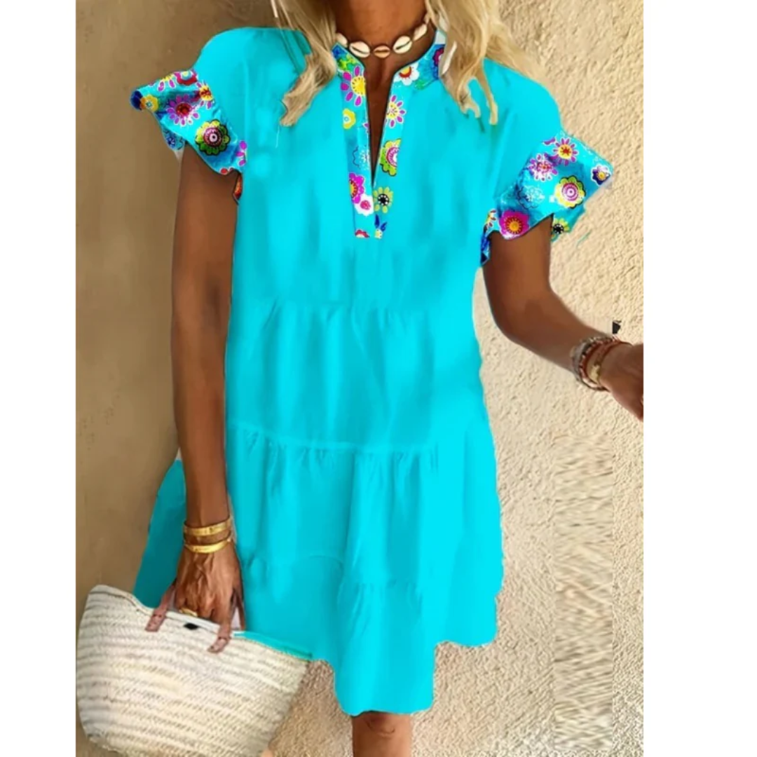 Alessandra | Damen Sommerkleid Mini Boho Blau Rüschen Design