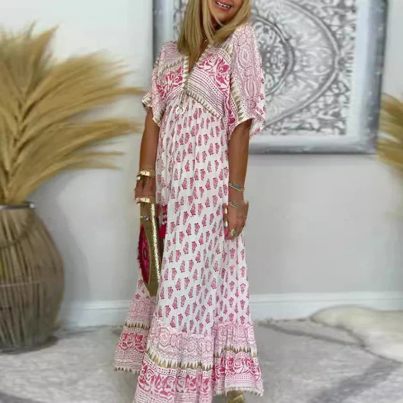 Allegra | Damen Boho Maxikleid Kurze Ärmel
