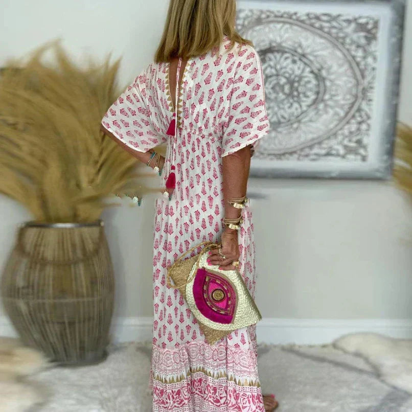 Allegra | Damen Boho Maxikleid Kurze Ärmel