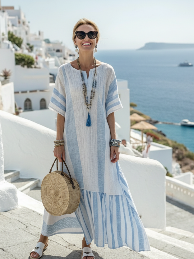 Amelia | Damen Gestreiftes Kurzärmeliges Maxikleid