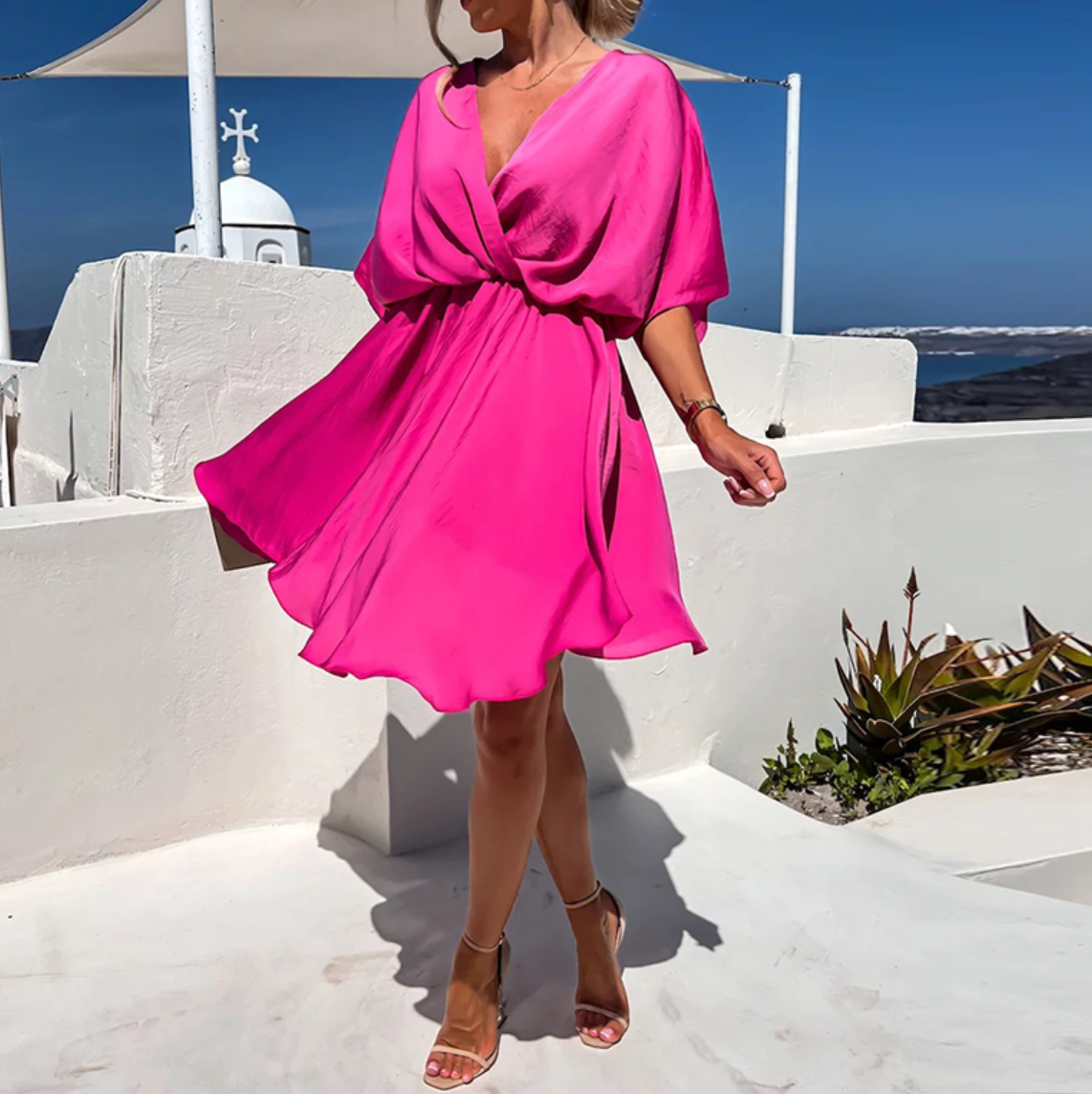 Ameline | Damen Wickelkleid Midi mit kurzen Ärmeln