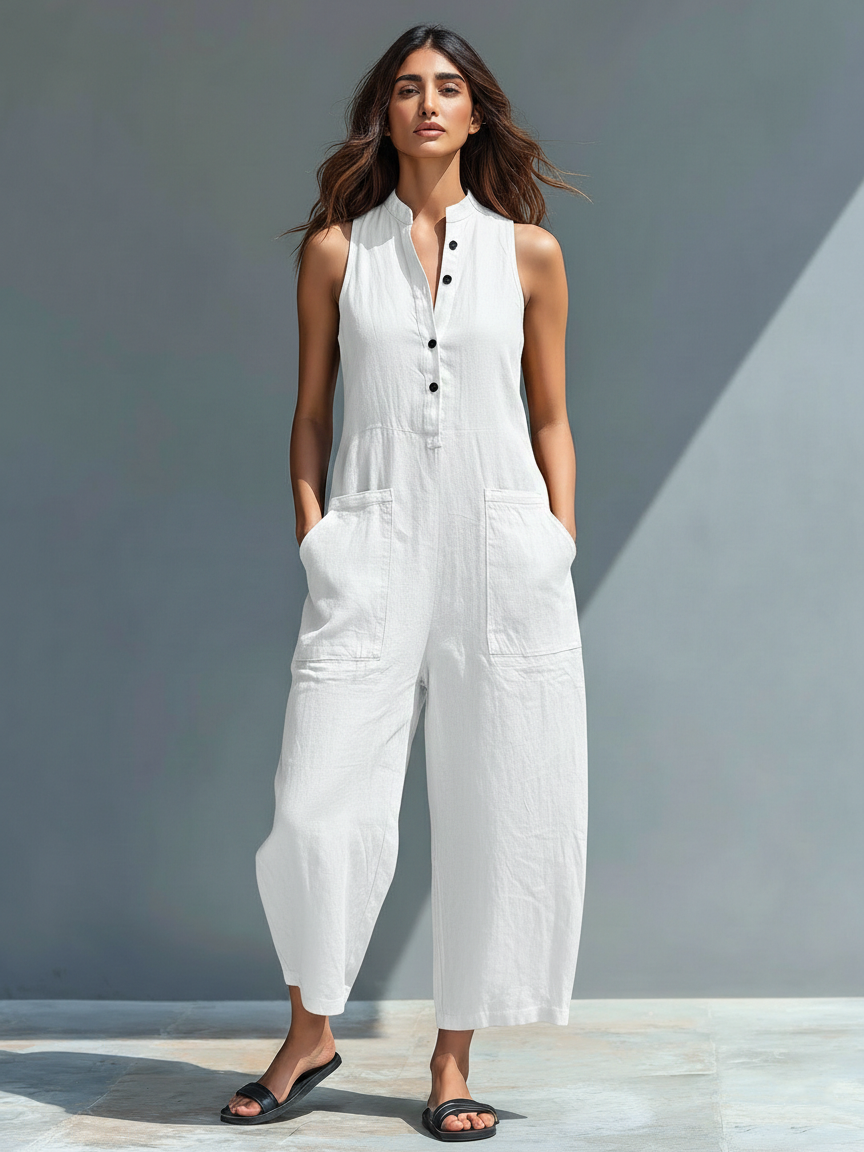 Anastasia | Damen Ärmellos Jumpsuit mit Knopfleiste