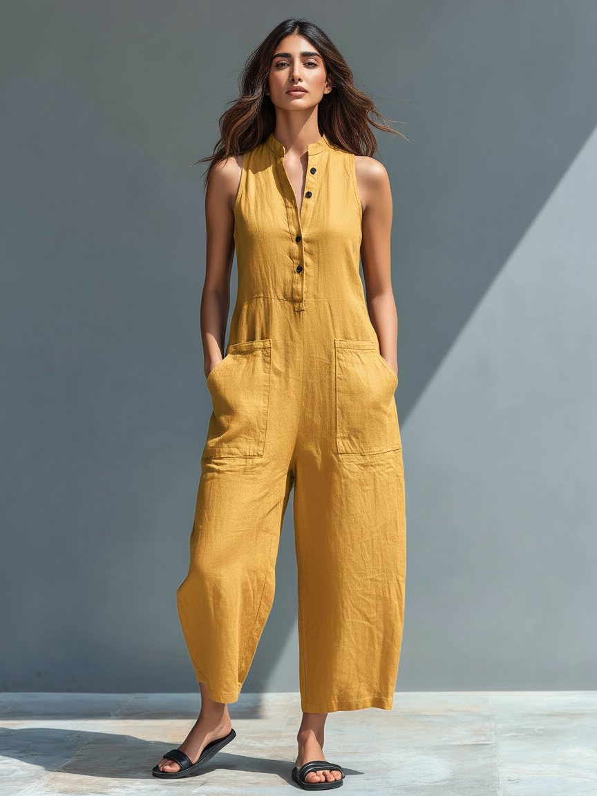 Anneliese | Damen Ärmelloser Jumpsuit mit Knopfverschluss