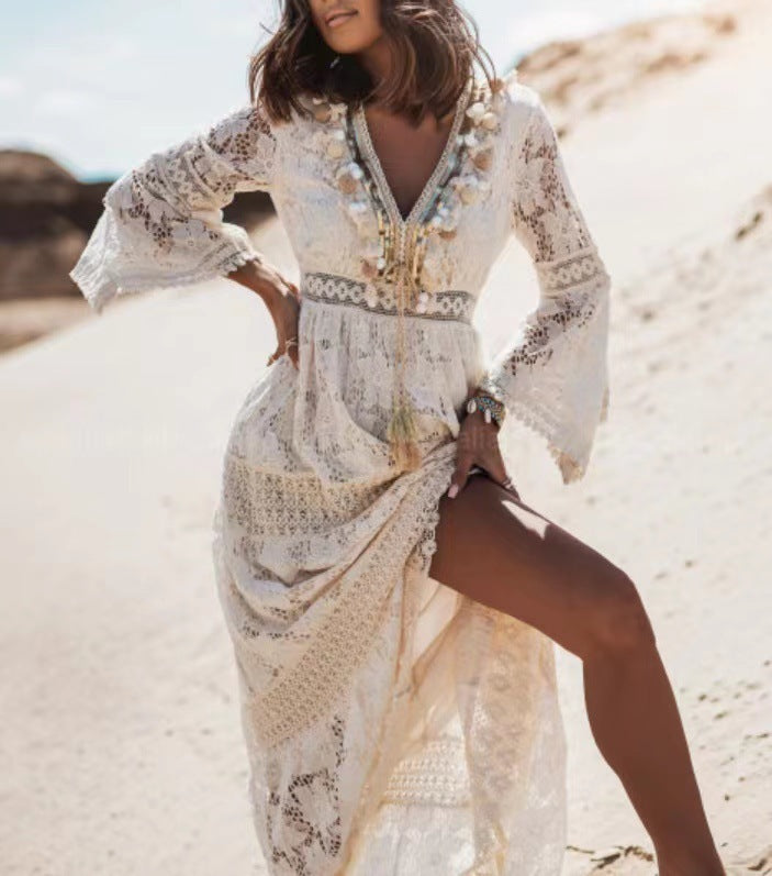 Damen Elegant Spitze Boho Maxikleid