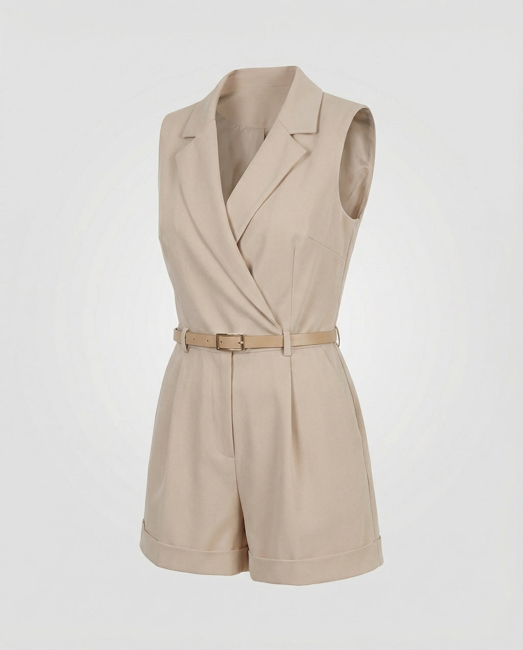 Eleganter ärmelloser Jumpsuit mit Reverskragen und Gürtel für Damen