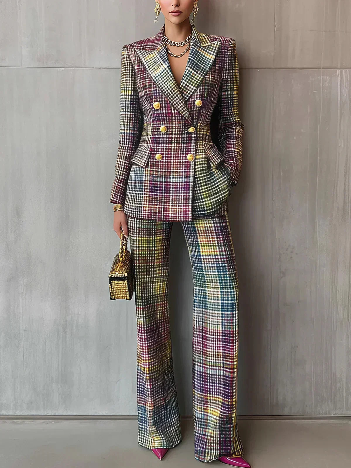 Auriana | Damen Kariert Zweireihiger Blazer Set