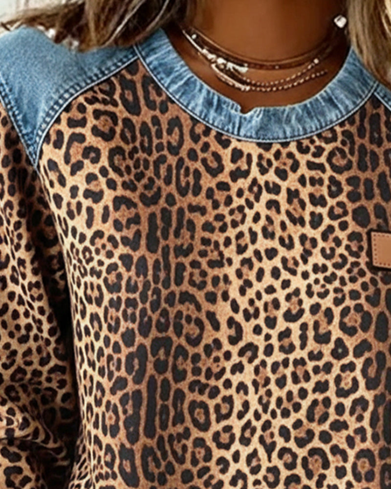 Damen Lässig Leopardenmuster Rundhals Pullover