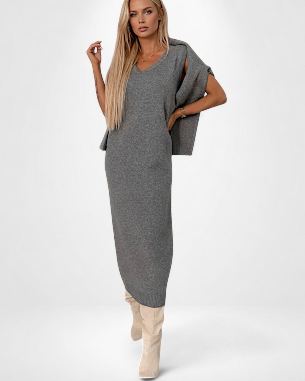 Ärmelloses Maxi Strickkleid mit Cropped Rollkragenpullover | Strickset für Damen