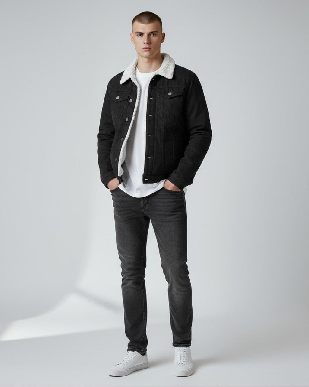 Gefütterte Jeansjacke für Herren mit flauschigem Hemdkragen