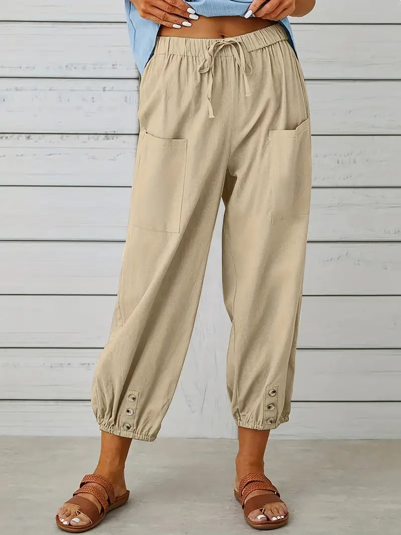 Damen Leichte Cropped Sommer Hose mit Kordelzug