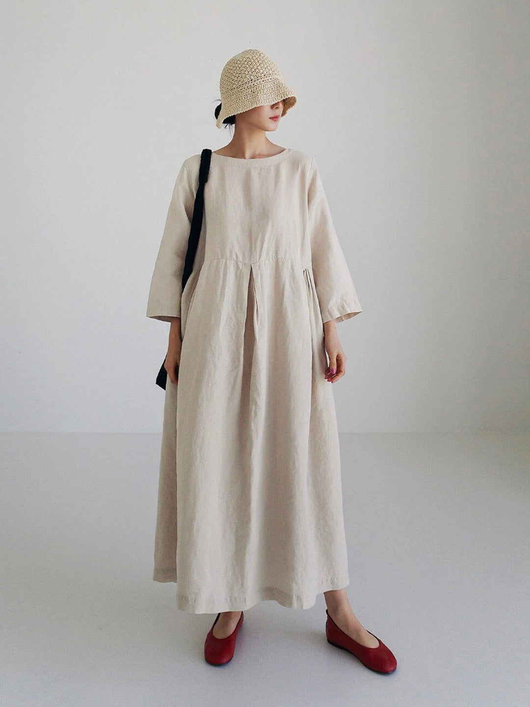 Damen Sommer Langarm Leinen Maxikleid