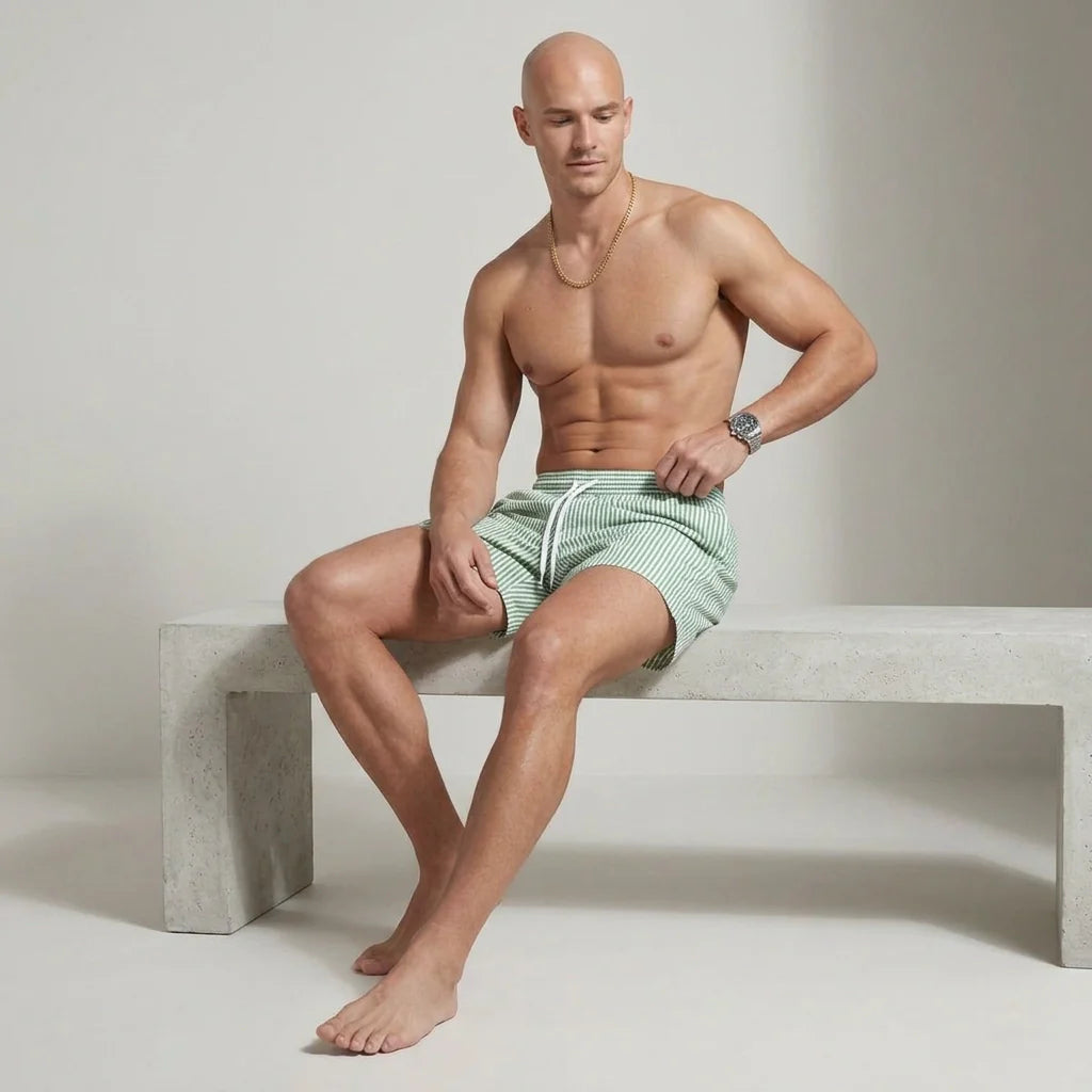 Kurze Herren Badeshorts mit Gummibund im Streifenmuster