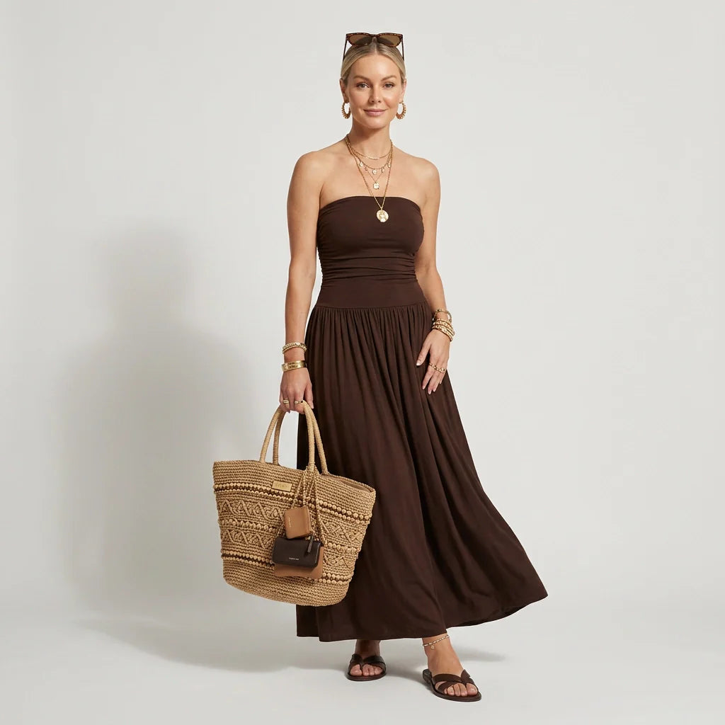 Bandeau Sommerkleid in Midi Länge mit einfarbigem Design