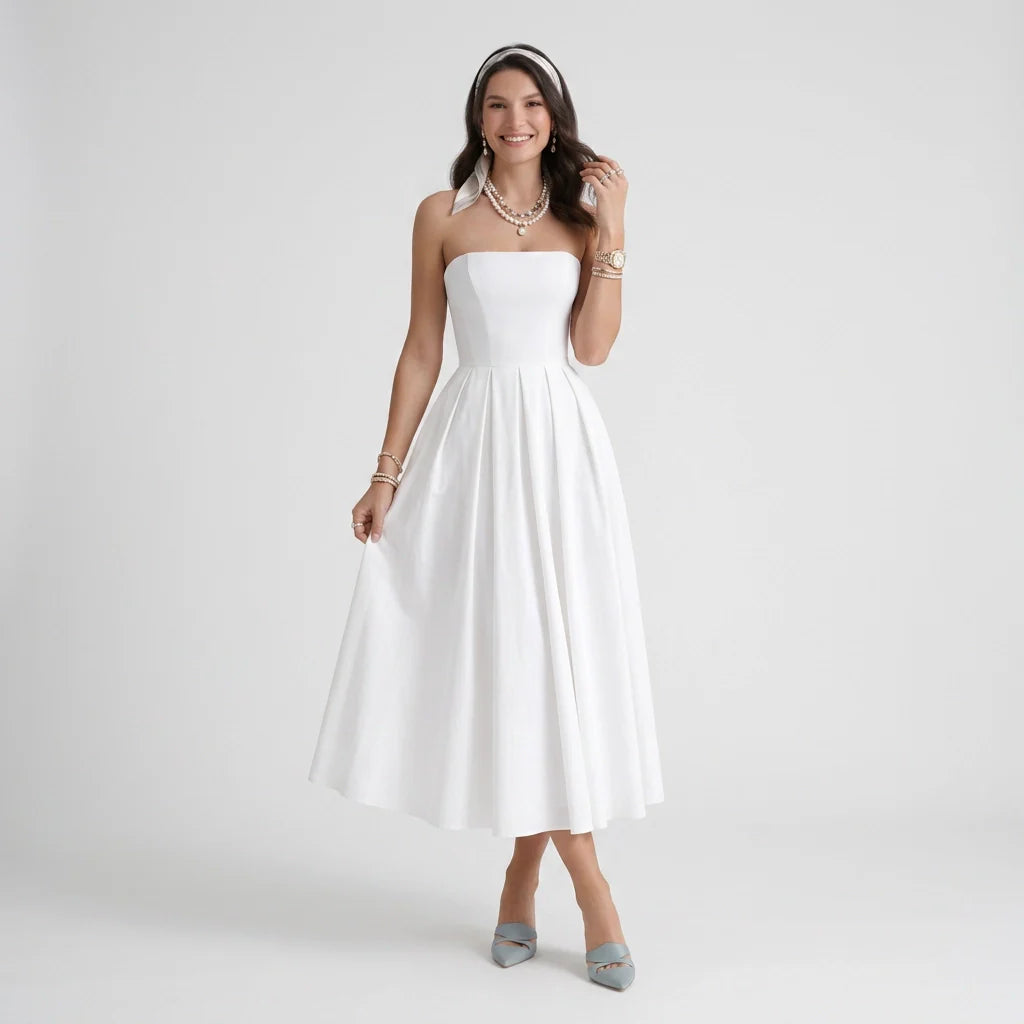Bandeau Midi Kleid in A-Linie mit Faltenrock für festliche Anlässe