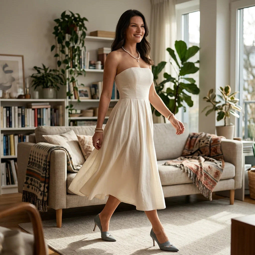 Bandeau Midi Kleid in A-Linie mit Faltenrock für festliche Anlässe