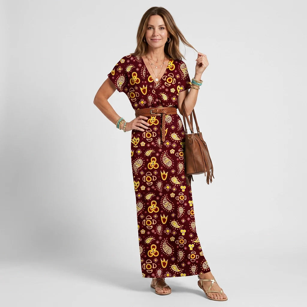 Tailliertes Maxikleid für den Sommer mit Kurzarm und V-Ausschnitt in Blumenprint