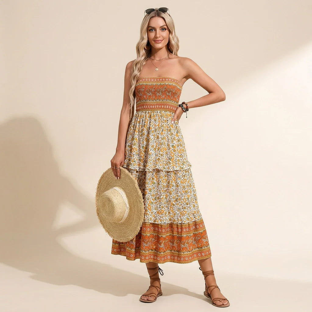 Bandeau Kleid für Damen mit gesmoktem Oberteil in Blumenprint für den Sommer