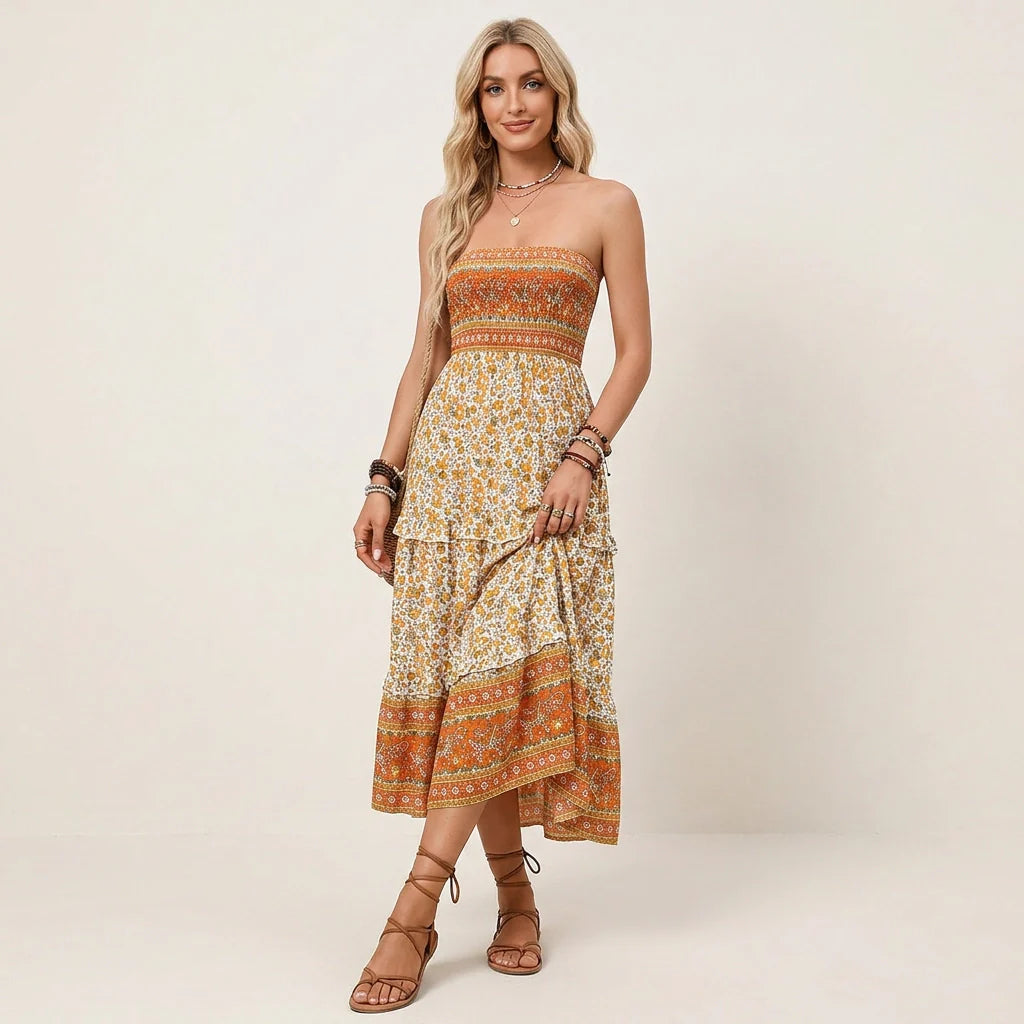 Bandeau Kleid für Damen mit gesmoktem Oberteil in Blumenprint für den Sommer