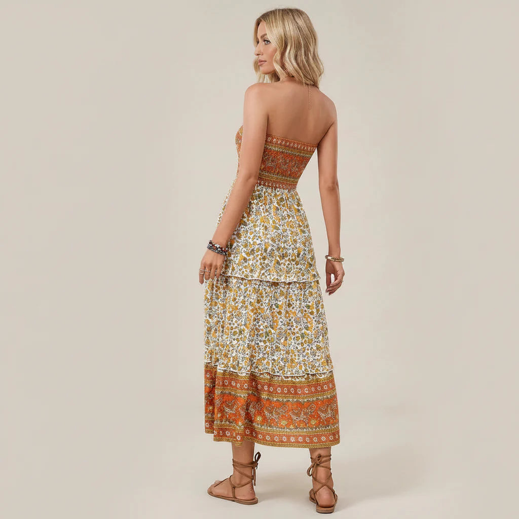 Bandeau Kleid für Damen mit gesmoktem Oberteil in Blumenprint für den Sommer