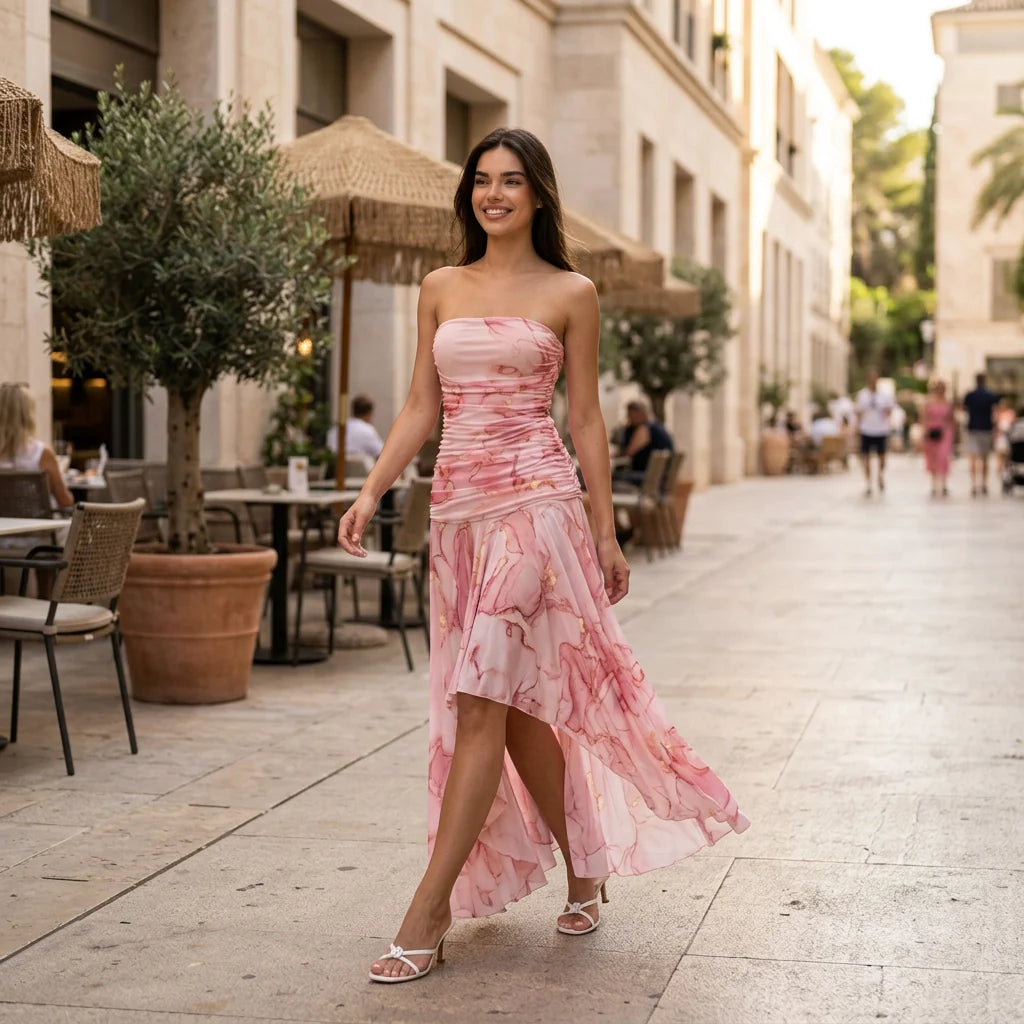 Bandeaukleid für Damen mit gesmoktem Oberteil und geblümtem Design aus Chiffon