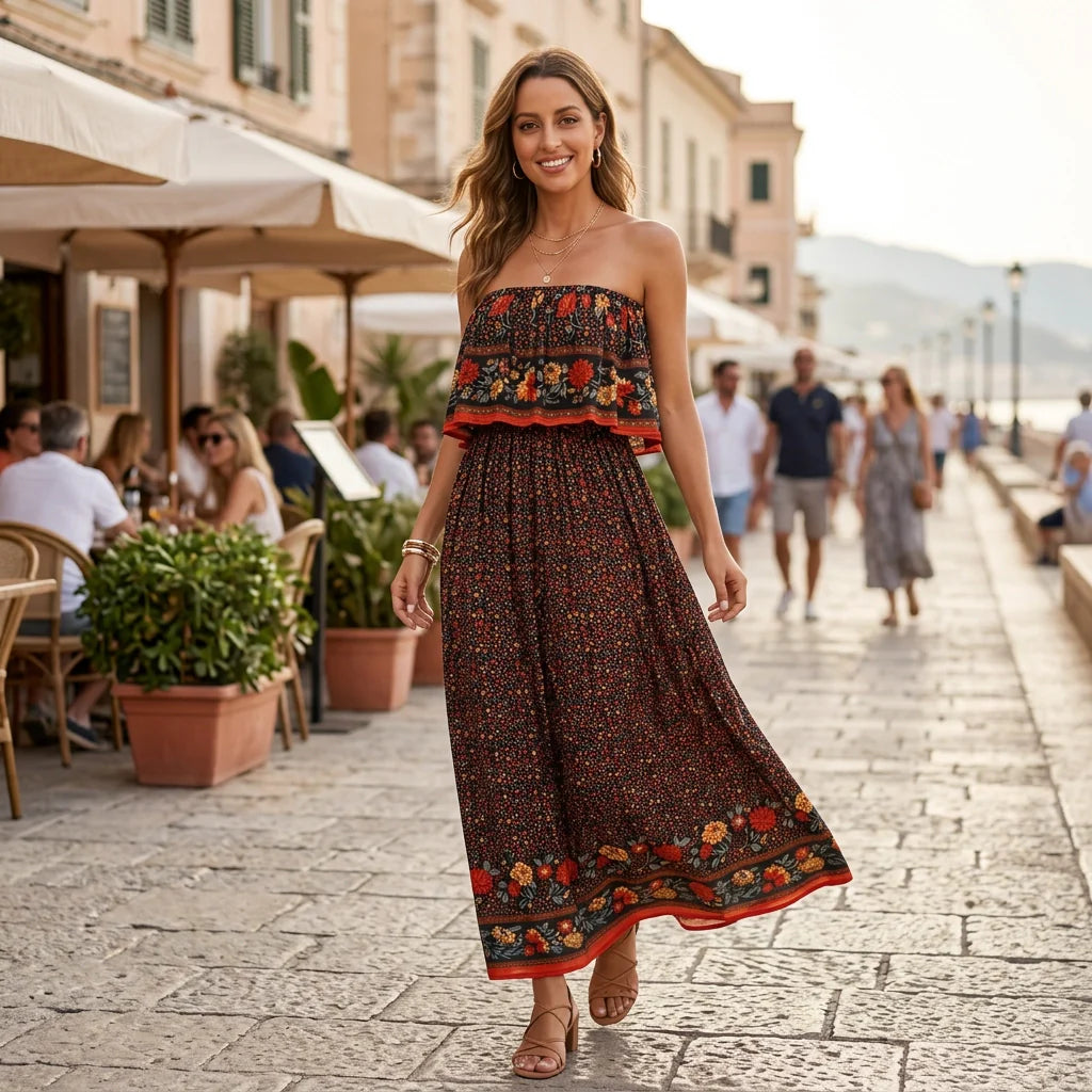 Bandeaukleid in langer Form mit Boho Muster