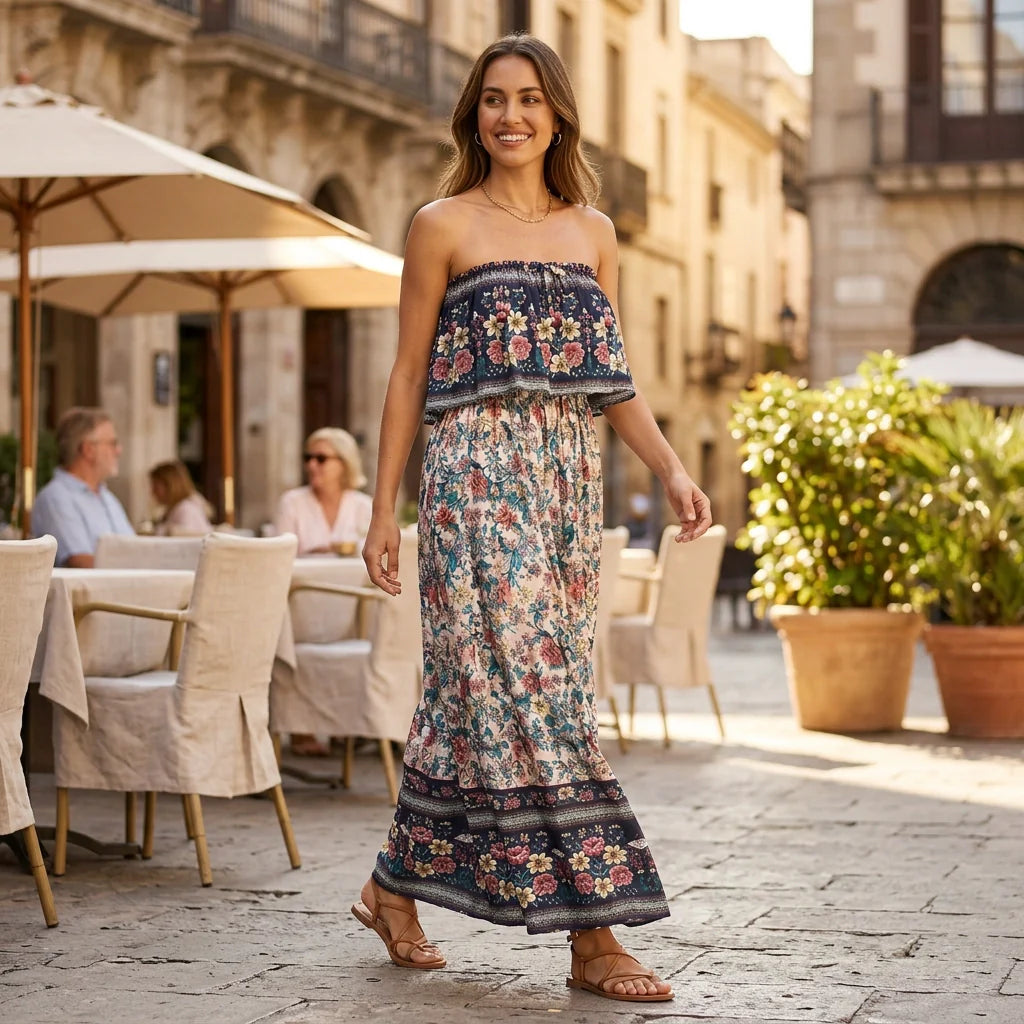 Bandeaukleid in langer Form mit Boho Muster