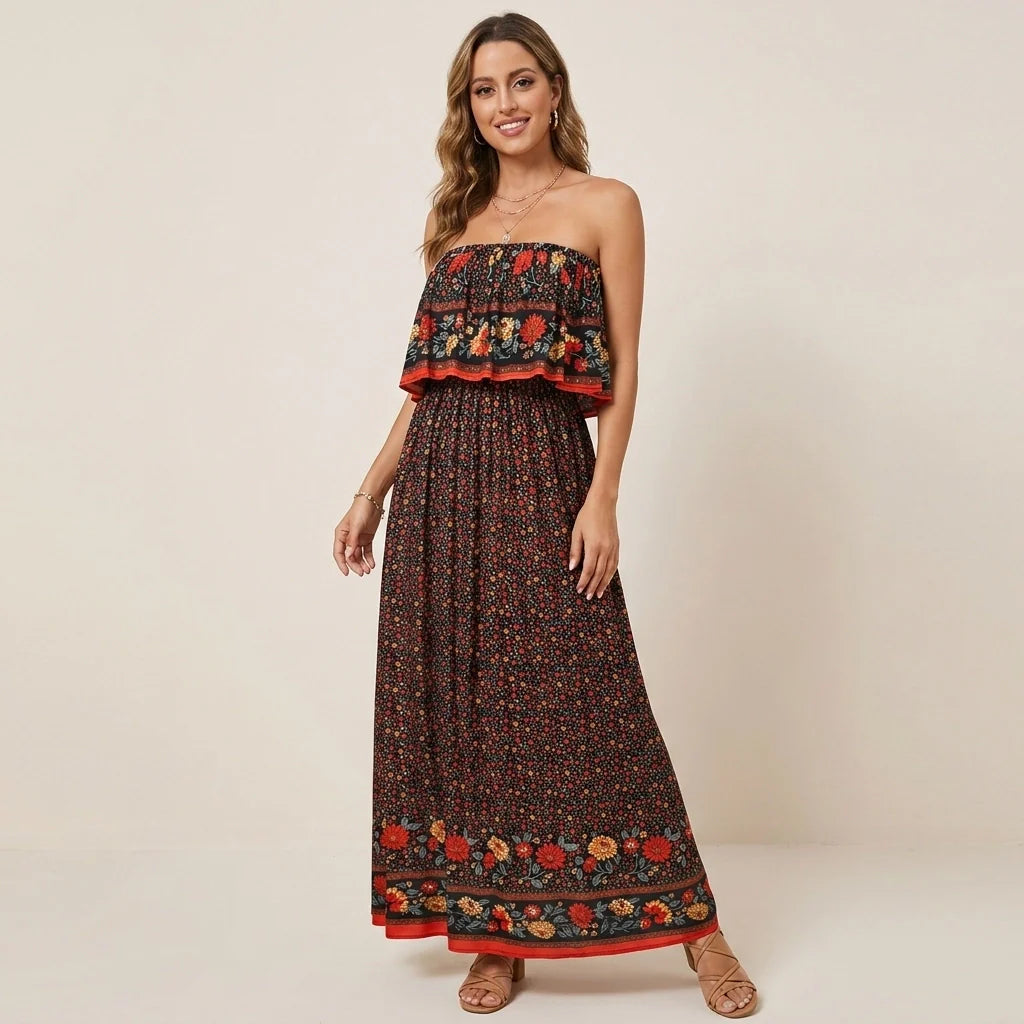 Bandeaukleid in langer Form mit Boho Muster