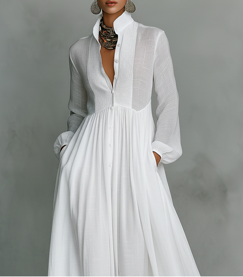 Damen Sommer Knopfleiste Leinen Maxikleid