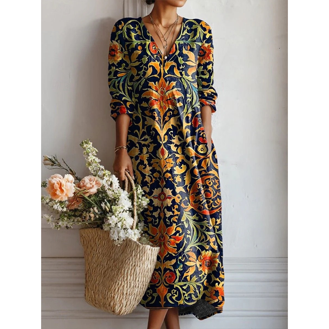Beatrix | Damen Maxikleid Boho Langarm Print