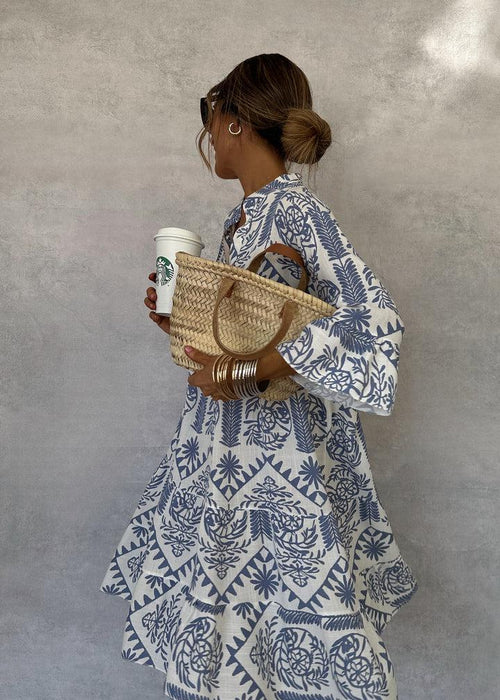 Benedikta | Damen Boho Langarm Mini Kleid mit Muster