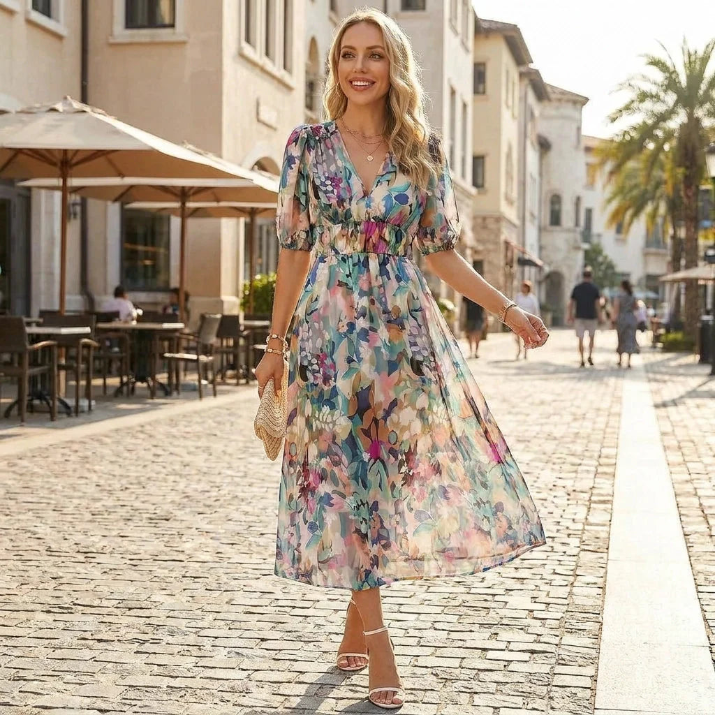 Blumenkleid in A-Linie mit Puffärmeln und V-Ausschnitt