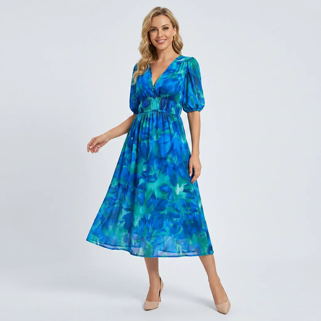 Blumenkleid in A-Linie mit Puffärmeln und V-Ausschnitt