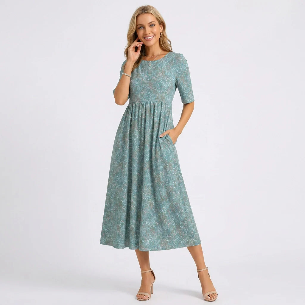 Midi Blumenkleid mit Rundhalsausschnitt und Ärmeln in A-Linie