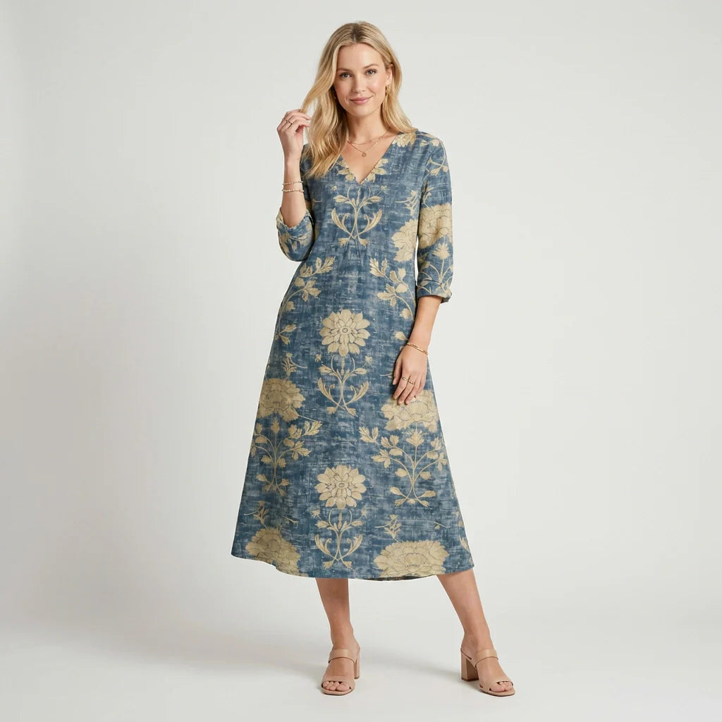Blumenkleid in Midi Länge mit Kurzarm und V-Ausschnitt