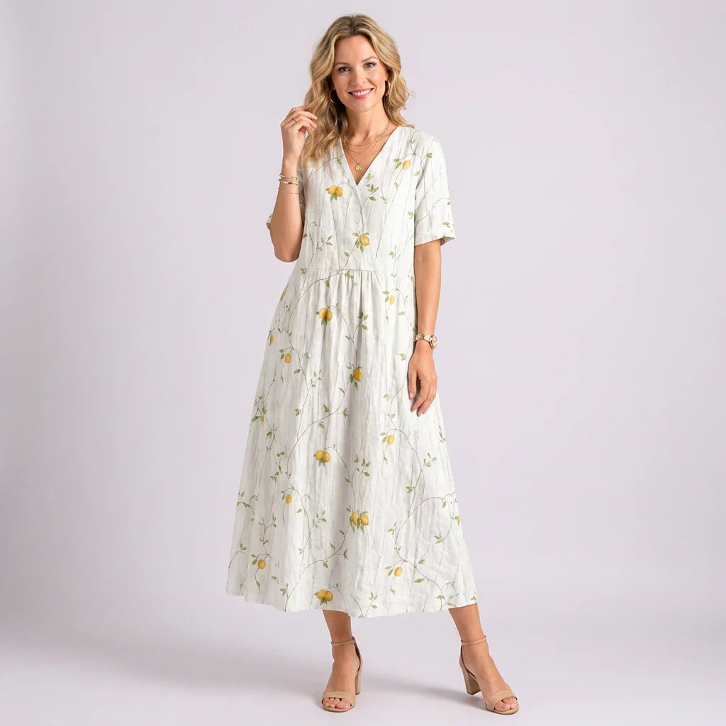 Kurzarm Blumenkleid mit V-Ausschnitt im A-Linien-Schnitt