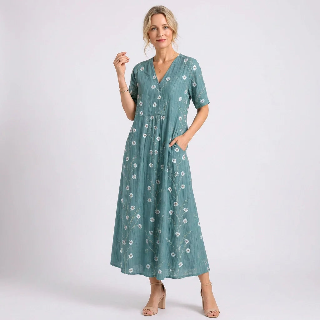 Kurzarm Blumenkleid mit V-Ausschnitt im A-Linien-Schnitt