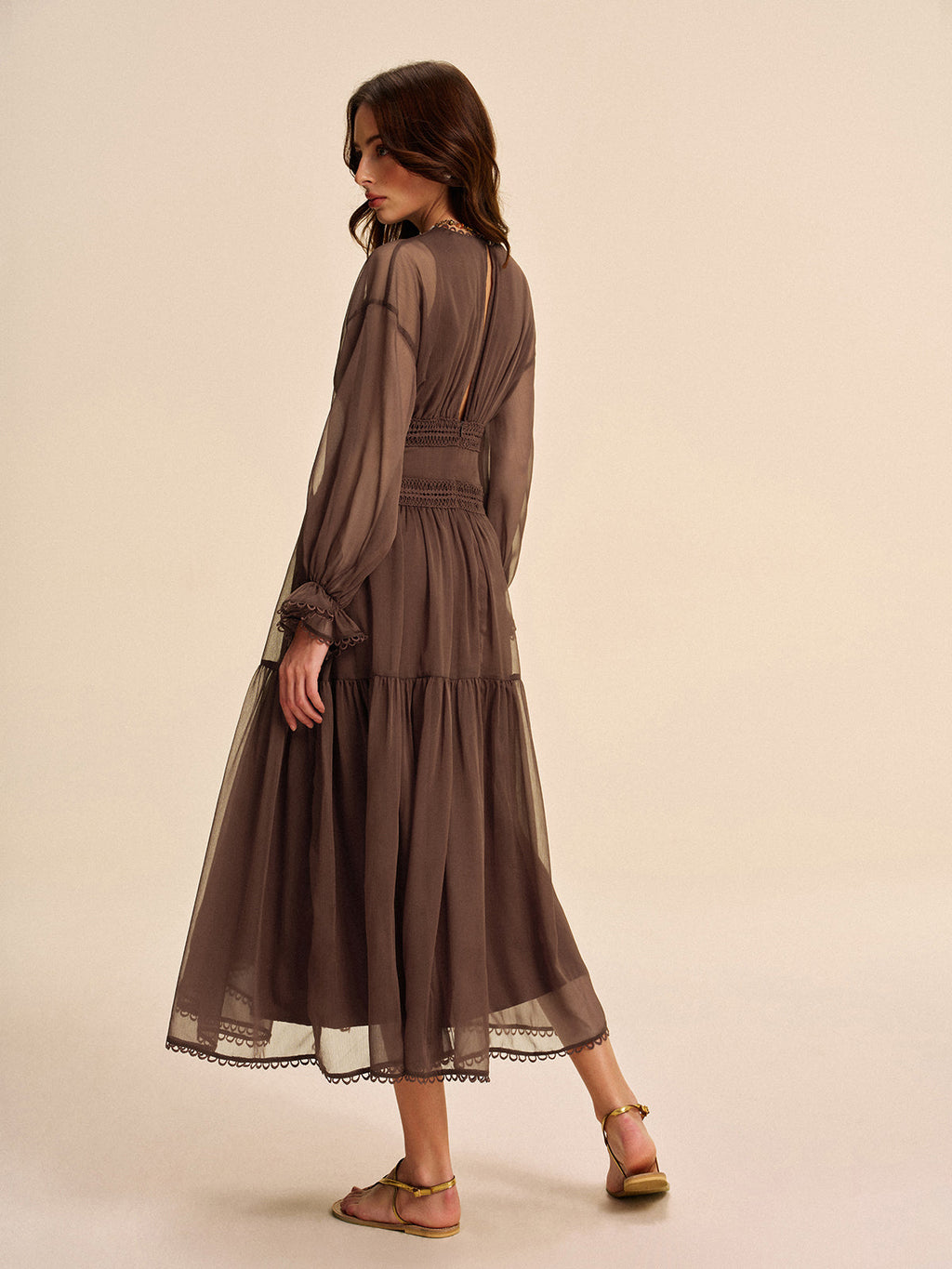 Sienna | Damen Boho Maxikleid Chiffon, V-Ausschnitt Langarm mit Spitze