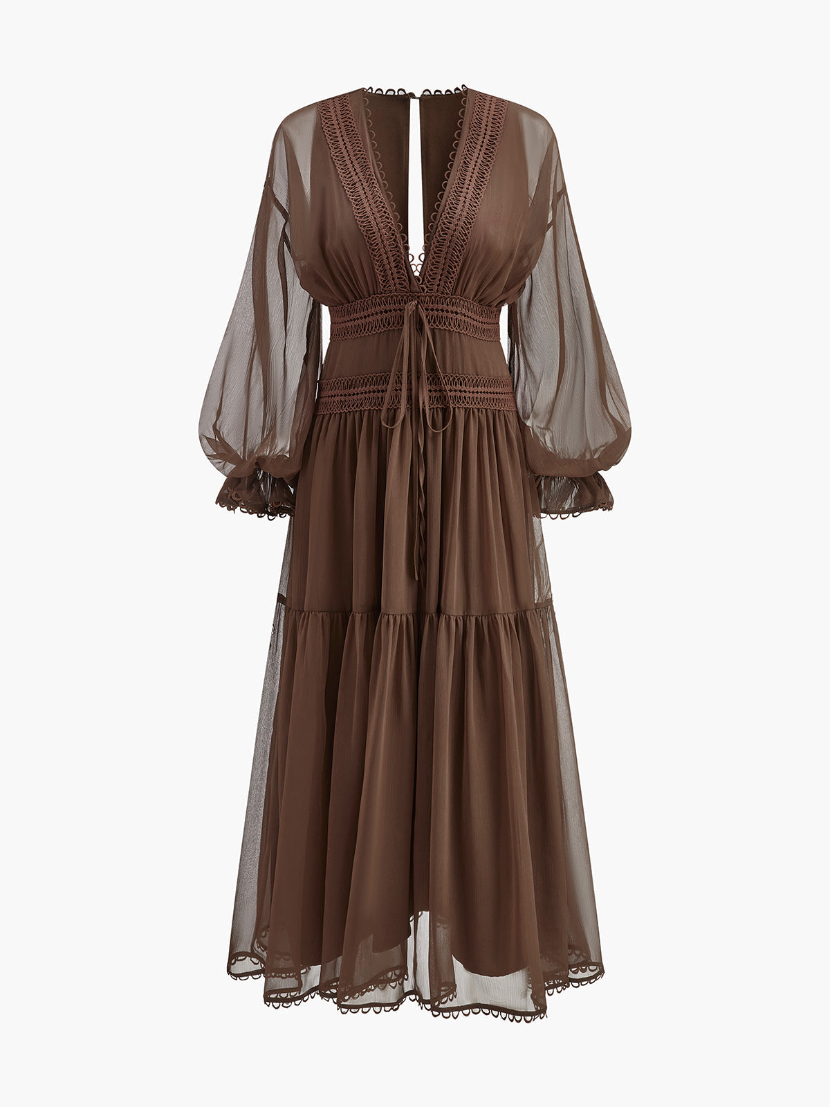 Sienna | Damen Boho Maxikleid Chiffon, V-Ausschnitt Langarm mit Spitze